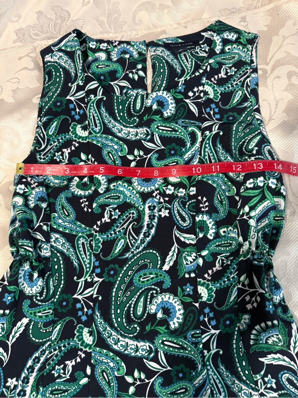 Tommy Hilfiger Paisley Fit & Flare Dress Size 0 Navy Green Sleeveless - Picture 9 of 13